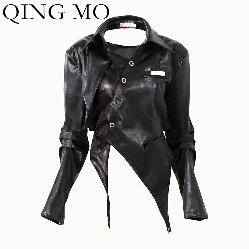 QING MO 2021 Autumn New Black Irregular PU Leather Jacket Women Fashion Design Locomotive Style Women Jacket ZWL1518